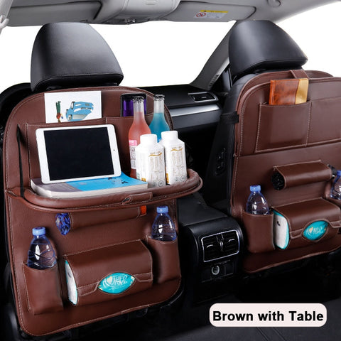 Car Seat Back Organizer Pu Leather Pad Bag Car Storage Organizer Foldable Table Tray Travel Storage Bag Auto Accessories